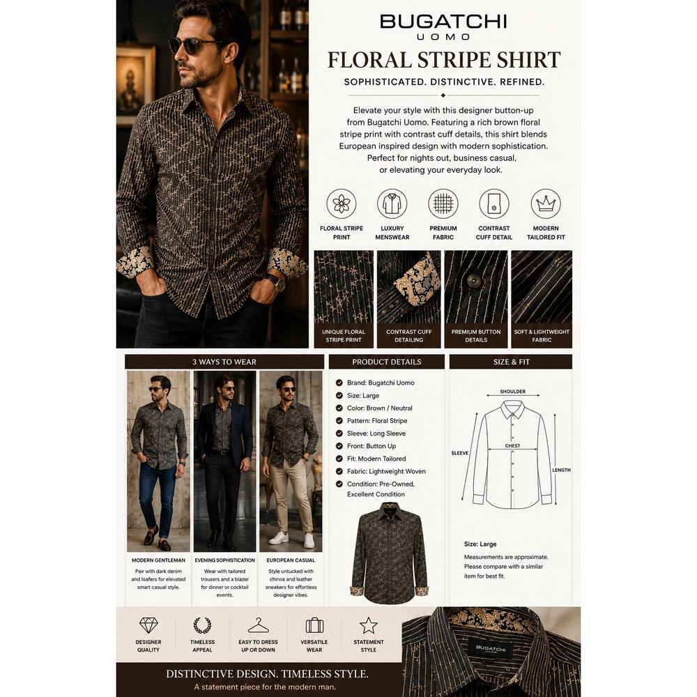 Bugatchi Uomo Button Up Shirt Brown Floral Strip SZL Luxury Designer